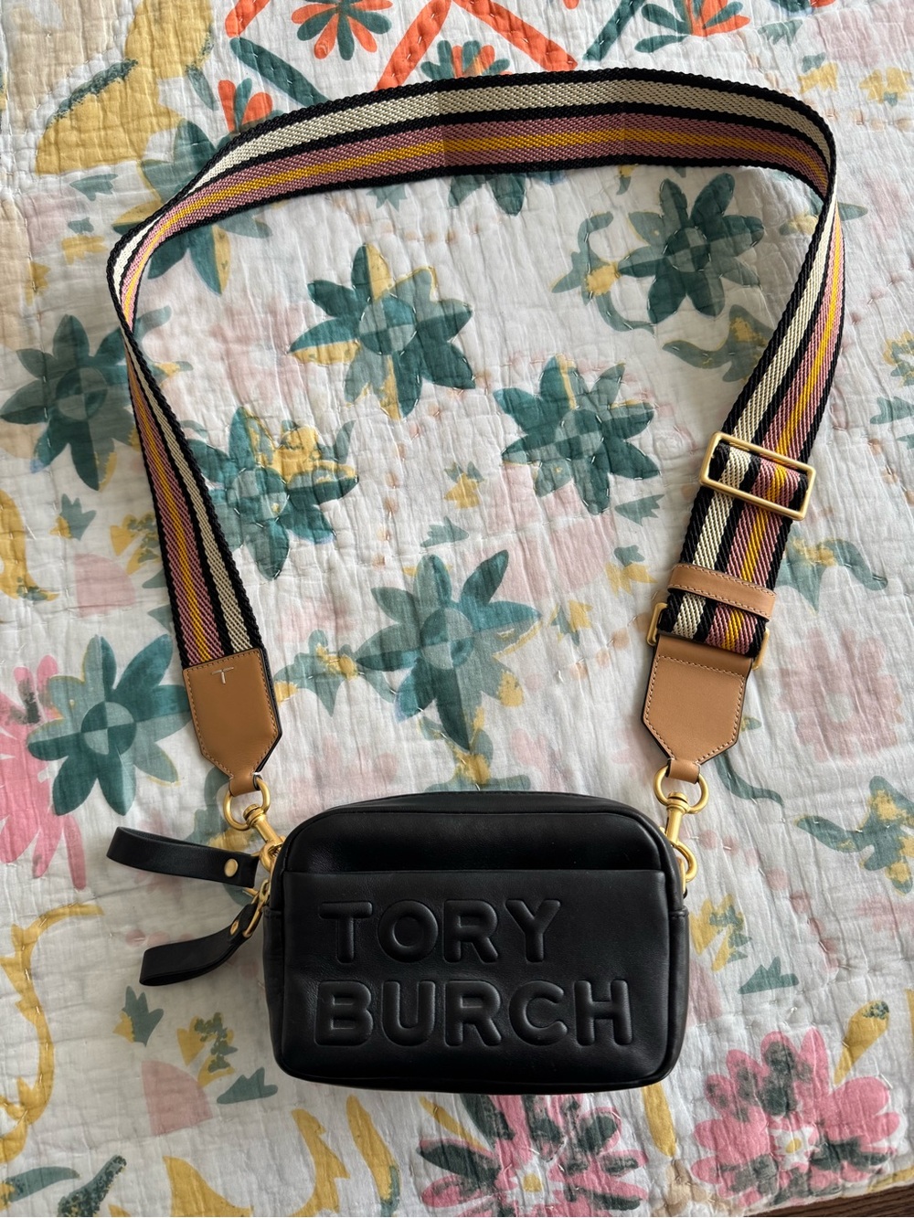 Tory Burch Mini Perry Double Zip Black Leather Crossbody with Gold Hardware